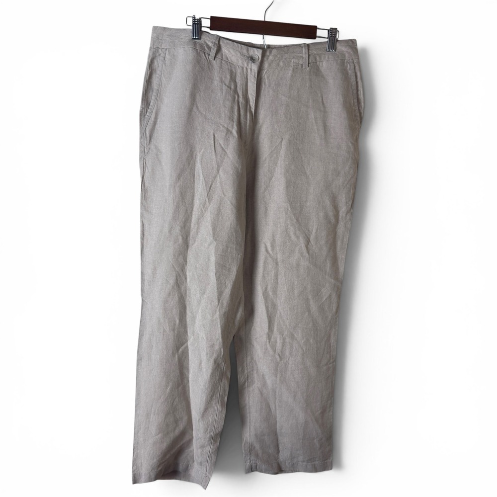 LL Bean Linen Straight Leg Pants Tan Women 14 Coastal Minimalist Khaki Summer - Picture 1 of 6